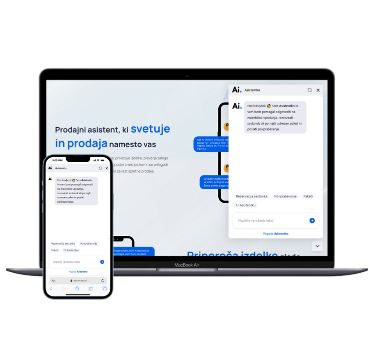 Pametni chatbot Asistentko prikazan na računalniku in mobilni napravi